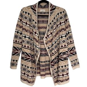 LUCKY BRAND Women’s Cardigan Aztec/Boho Jacquard Open Front Long Sleeve Knit SP